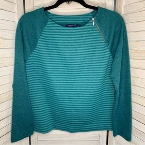 Westbound Teal Blue Striped Zip Neckline Thick Long Sleeve Top Medium Petite